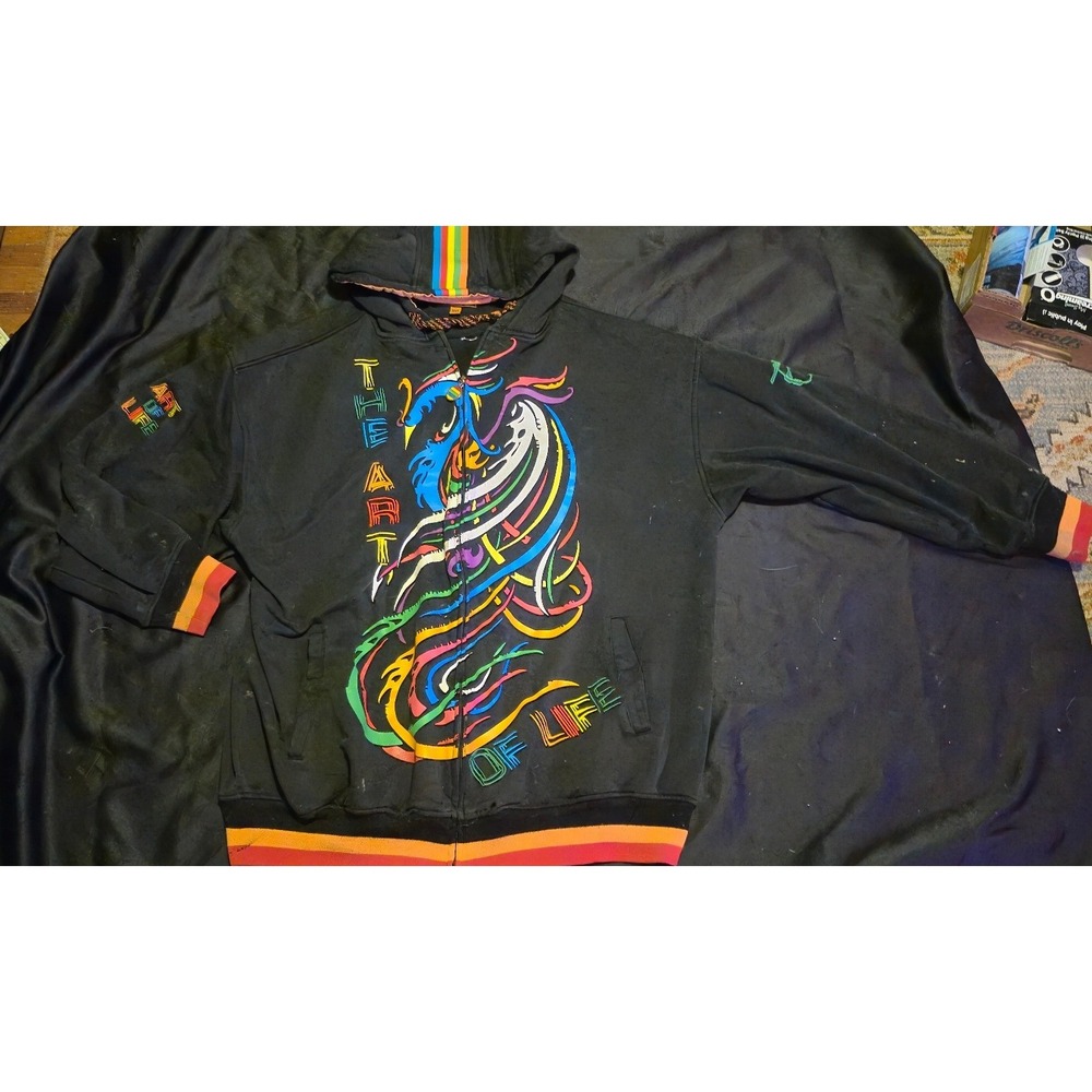 Art of Life Dragon Graphic Zip Up Hoodie Black Rainbow Striped 3XL
